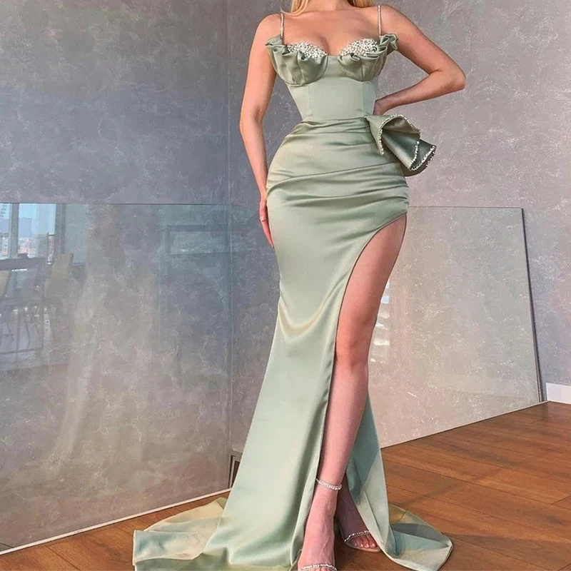 

2022 Sexy Spaghetti Strap Homecoming Dress Sweetheart Mermaid Evening Prom Dress Beading Satin High Split Robe De Soirée