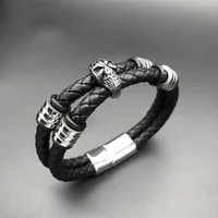 Motorcycle Personality Retro Punk Style Bracelet Men Stainless Steel Black Leather Weave Rope Skull Charm Chain