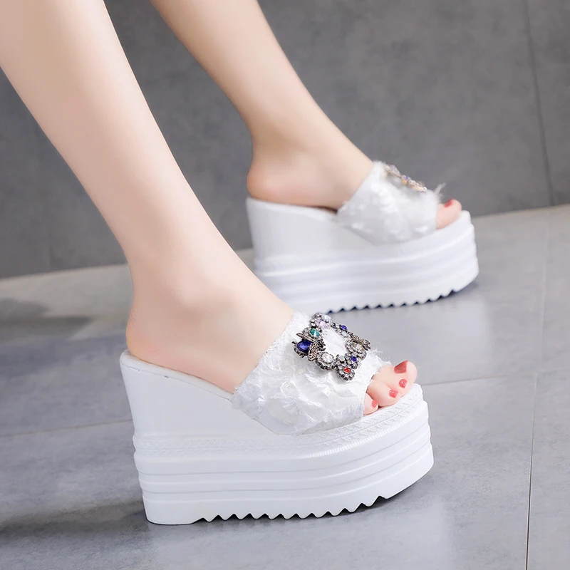 

Shoes Slippers Casual Slides On A Wedge Women Heels Platform Pantofle Luxury High 2022 Fashion Floral Fabric PU Rubber Super