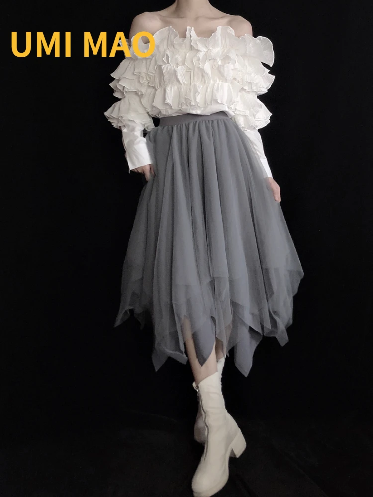 

UMI MAO Dark Irregular Niche Design Mlb Japanese Yamamoto Wind Drape Gray Gauze Skirt Femme Women's Clothing Goth Y2K