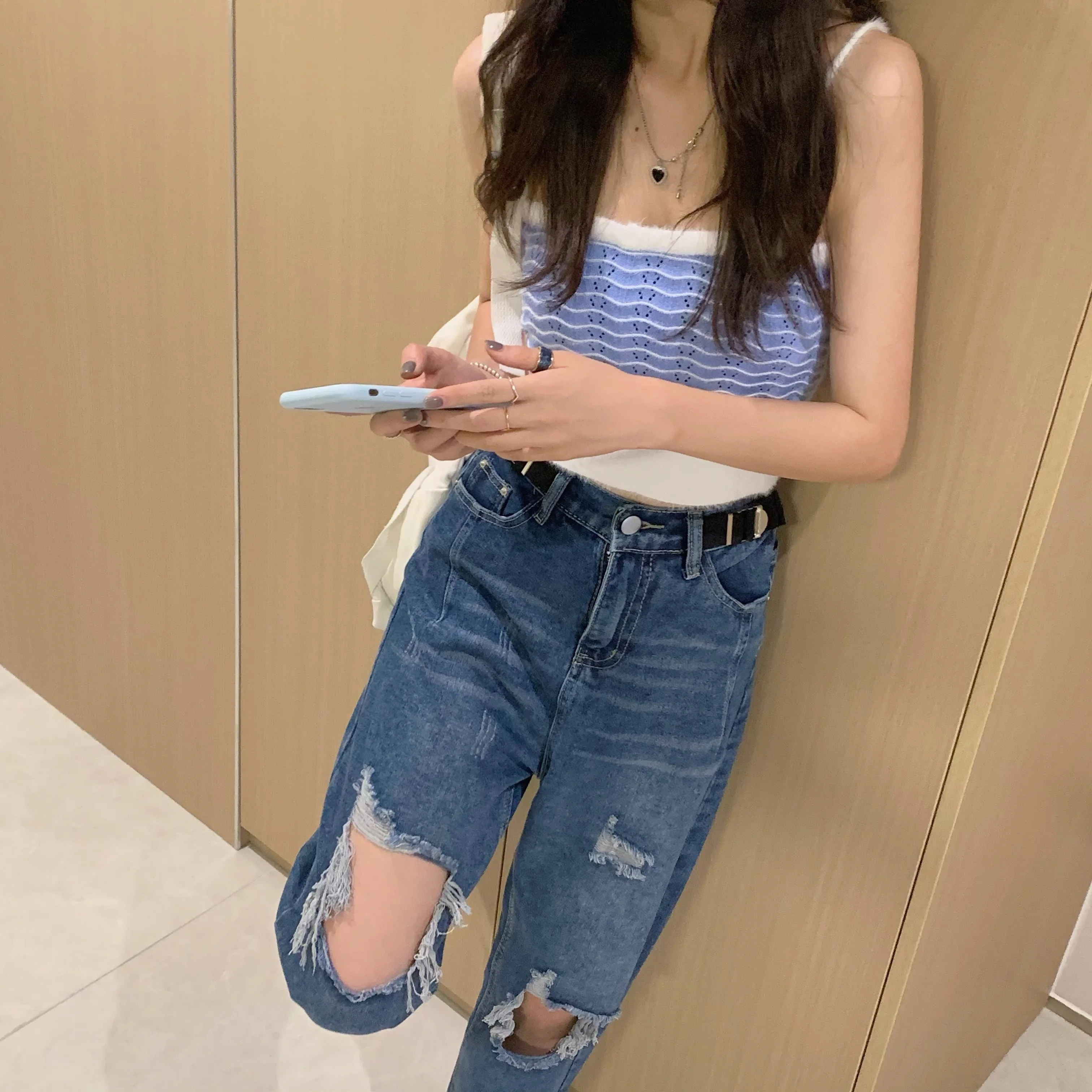 High Waisted Ripped Hole Jeans for Women Fashion Trends Gothic Streetwear Teenage Girl Punk Style Denim Pants Distressed Clothes