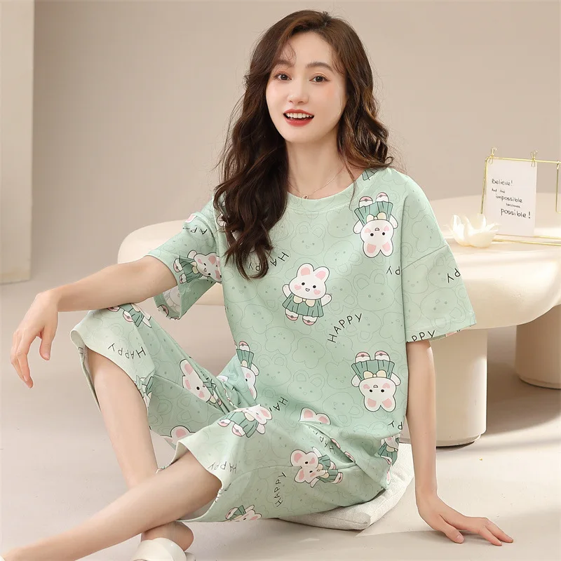 2023 new summer pajamas women's summer cotton short-sleeved cropped pants net red style cute cartoon home service suit