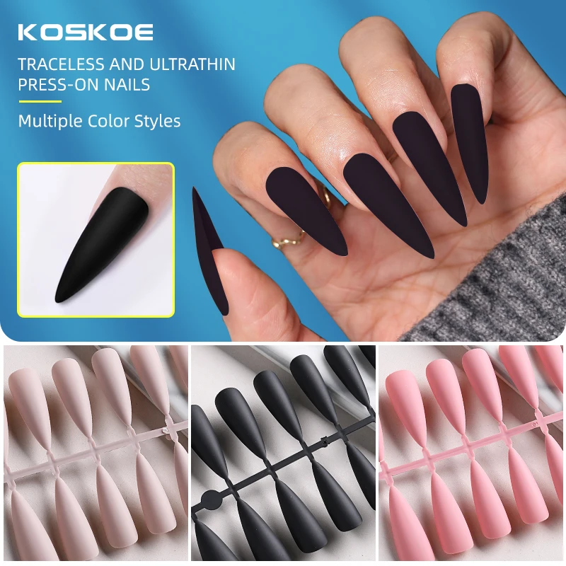 

KOSKO 24PCS Wearable Press on False Nails Rearable Fake Nails Coffin Semi-Frosted Full Cover Nail Gel Tips Capsule Art Acc