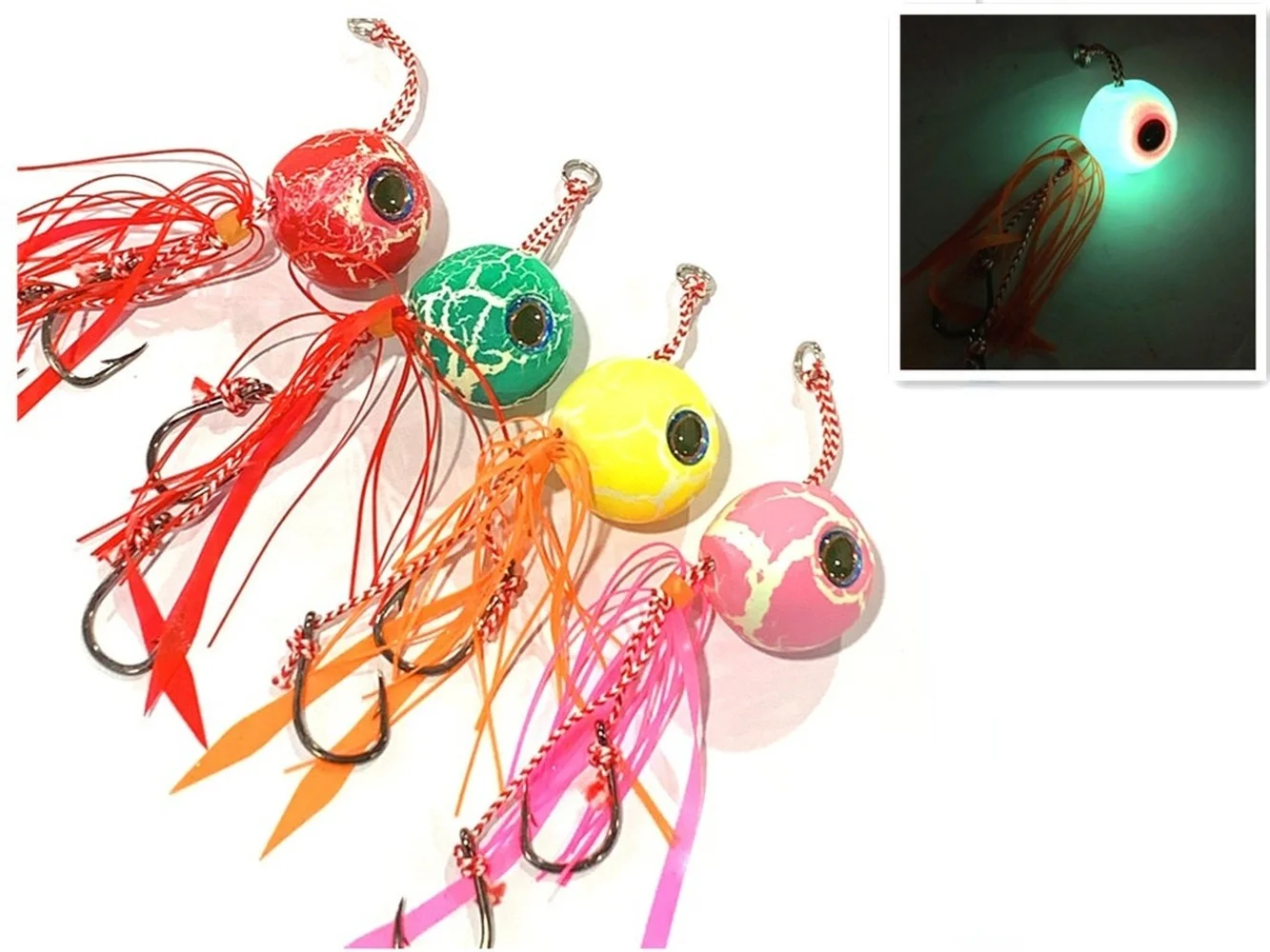 Глубоководная приманка для рыбалки DEEP UP Tenya Madai Jig Kabura с светящимися в темноте элементами, головкой-джигом, свинцовым корпусом, крючками и резиновыми юбками, предназначенная для ловли морских видов рыб на открытом море.