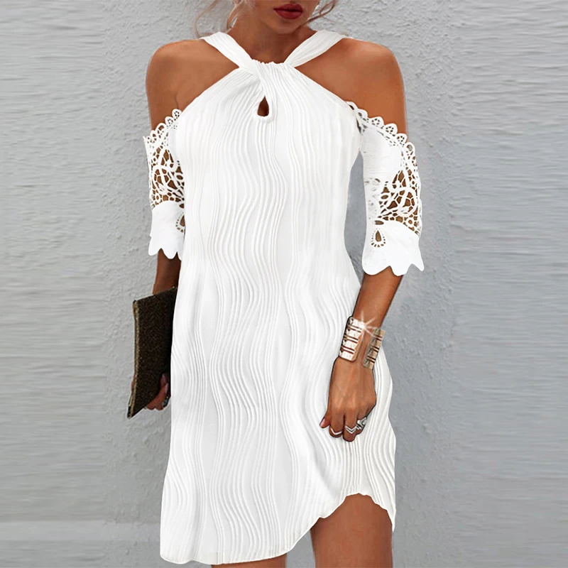 

Summer Solid Color Halter Lace Patchwork Dress Elegant Off Shoulder Short Sleeve Mini Dress Lady Casual Hollow Out Commute Dress
