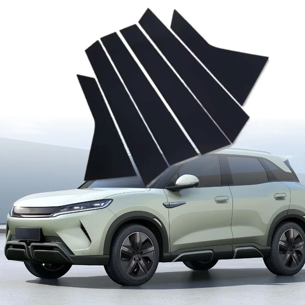 

6 шт., наклейки на дверь, окно, стойка, накладки, чехлы для BYD Yuan Up 2024 2025 2026, аксессуары для наклеек, глянцевый черный