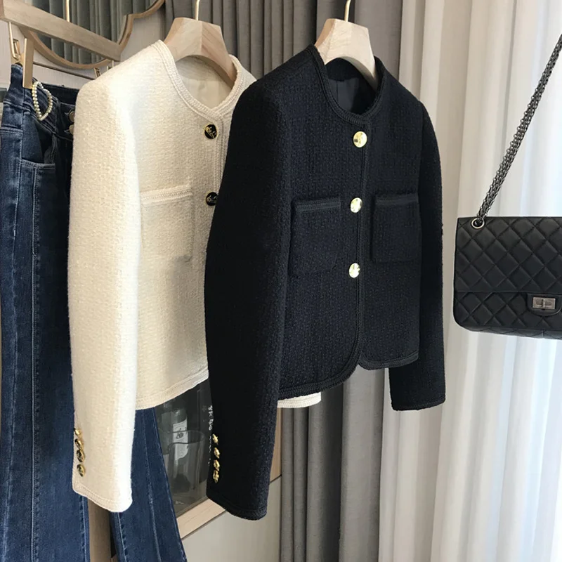 

autumn winter new light luxury sweater small fragrance gold button round neck wool short coat women's autumn
