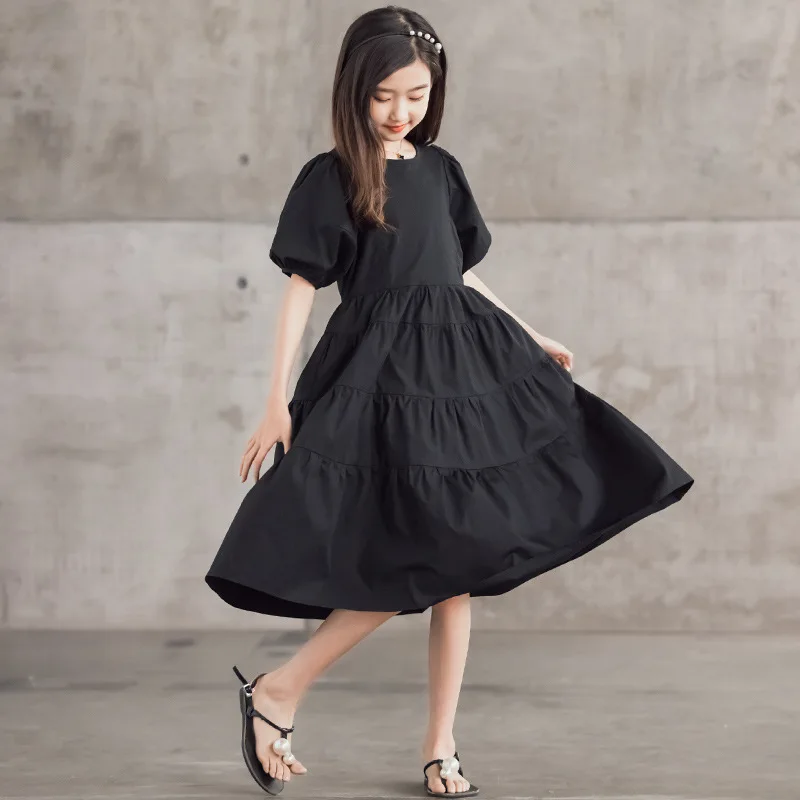 

Cotton Dresses Korean Black White Girls Kids Solid Short Puff Sleeve Princess Midi Dress for Teenager Girls Vestido Midi Frock