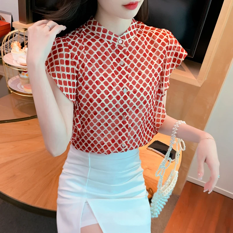 

Шифоновая женская блузка с принтом, летняя Клетчатая Свободная рубашка, повседневный топ с коротким рукавом, модная женская новая одежда в ...