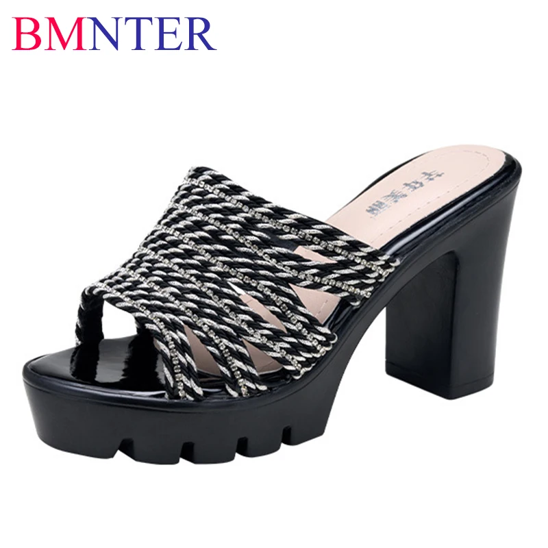 

Plus Size 32-43 Block Heel Cutout Platform Slippers Women Wedding Shoes Summer 2021 High Heels Slides Ladies Slippers Black