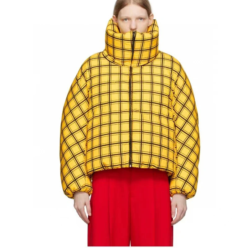 

2023 New Winter Down Jacket Yellow Plaid Printed Loose Bread Clothes Fashion Warm Jacket High Quality Women's Tops y2k