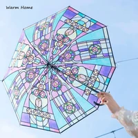 hot stained glass transparent umbrella sunny long handle automatic umbrella dream retro court style lolita ins net red umbrella