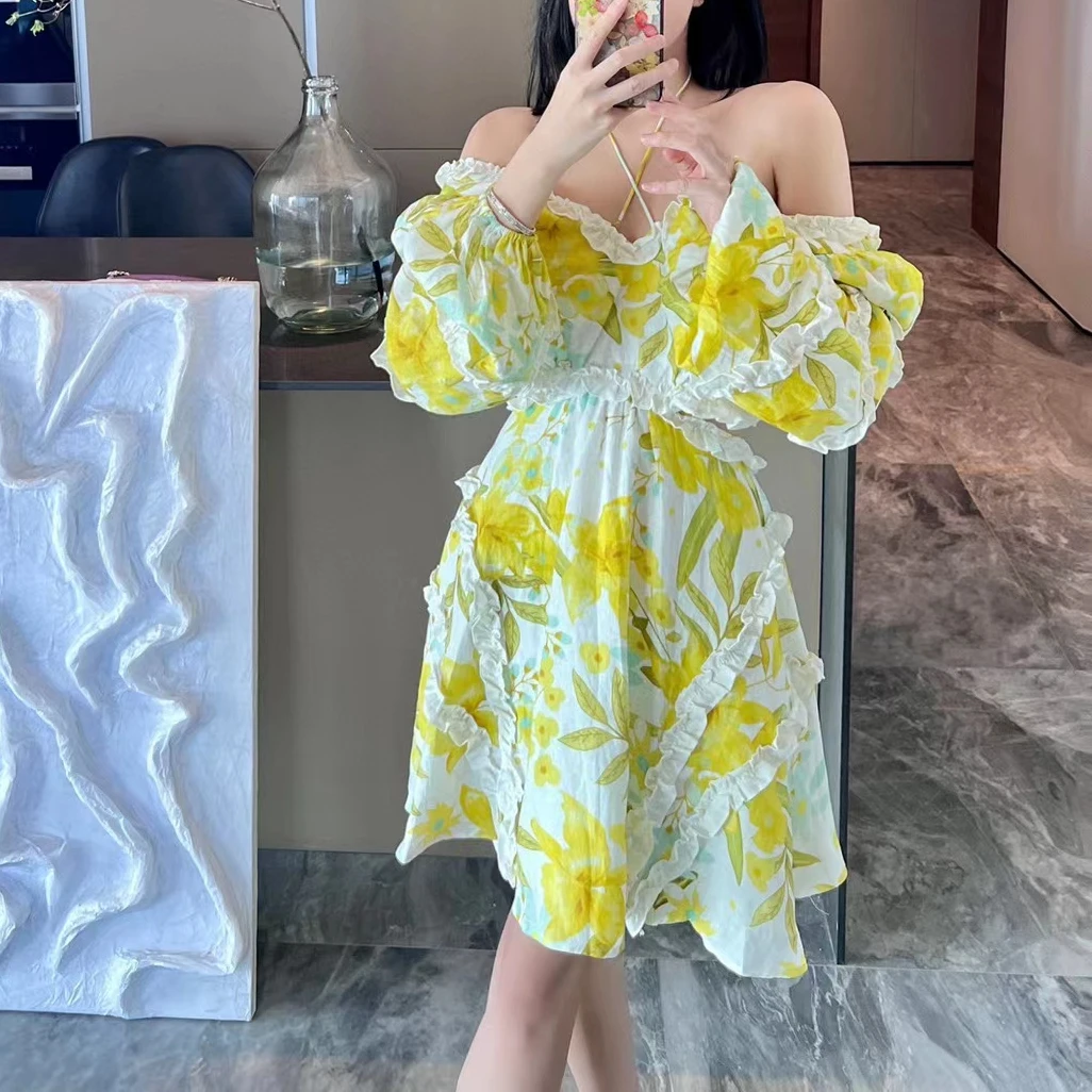 Women Yellow Floral Print Backless Sweet Dress 2023 New V Neck Off the Shoulder Stringy Selvedge dress