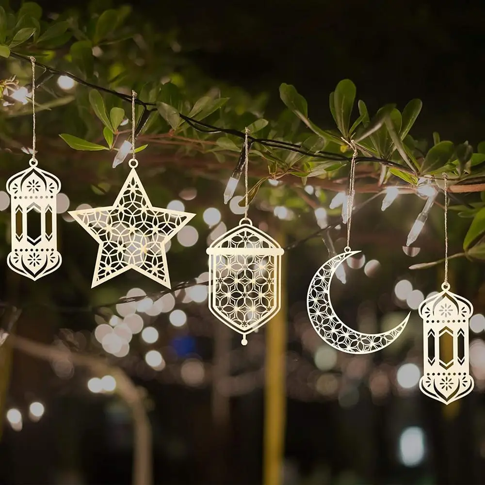 

9 Pcs Wooden Pendant Ornament Ramadan Kareem Hollow Decoration Moon Star Wind Light Hanging Sign For Mubarak Eid Party Supplies