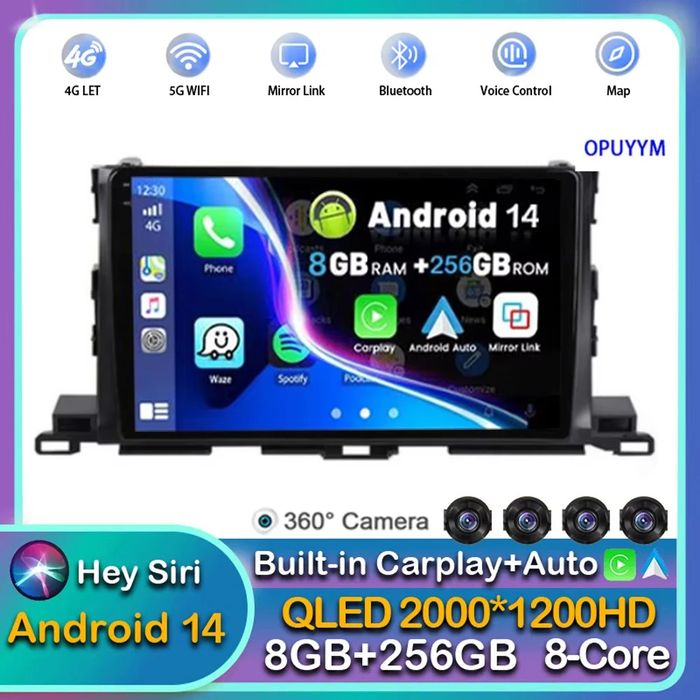 Автомагнитола на Android 14 Carplay для Toyota Highlander Kluger 3 XU50 2013-2019 мультимедийный плеер GPS