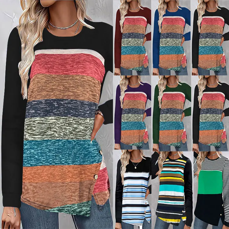 

Autumn and Winter New Womens Casual Round Neck Hem Irregular Colour Blocking Stripes Button Long-sleeved T-shirt Bottoming Shirt