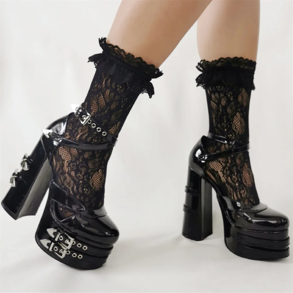 

GIGIFOX sexy female platform buckle super high heels pumps ankle strappy denim dress gothic punk cosplay cutout summer sandals