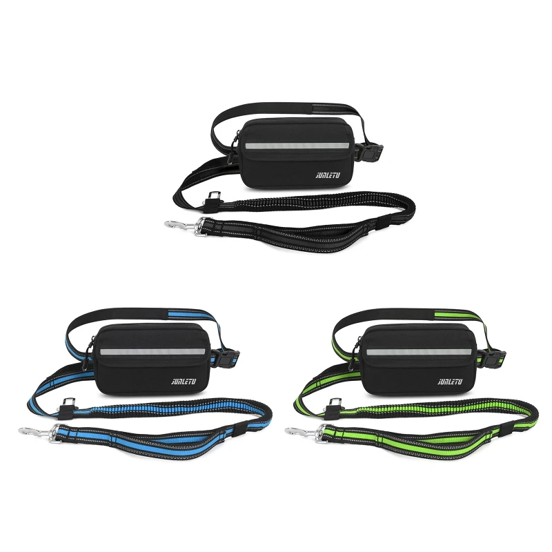 

H58D Hands Free Dog Leash with Multi Pouches, Shock Absorbing Bungee Dog Leash with Reflective Stitches, Dog Waist Belt Leash