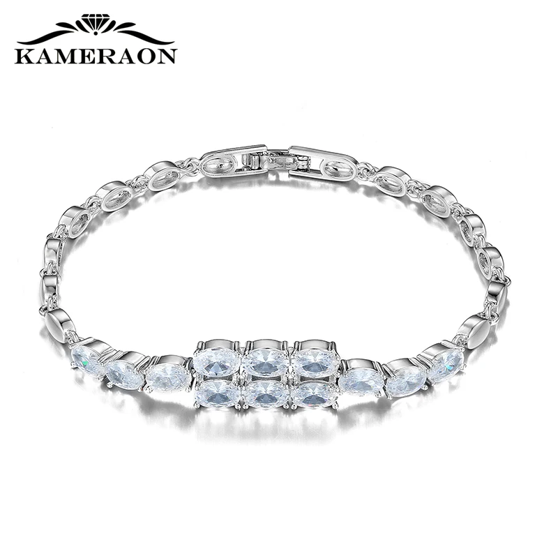 

Elegant White Cubic Zircon Wedding Bracelet Women Charm Shiny Silvery Metal Kpop Accessories Party Gifts for the new year 2020