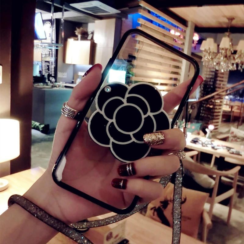 

Fashion 3d Camellia Vanity Mirror With Lanyard Girl Soft Case For Iphone 11 12 13 Pro Max 7 8 Plus Xr X Xs Se 2020 Cover Fundas