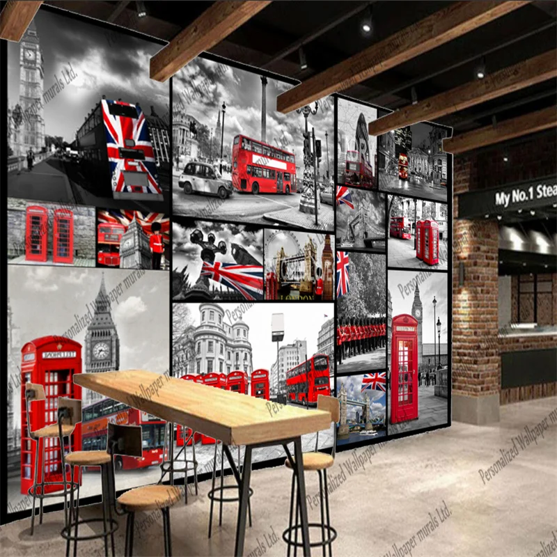 

Retro Nostalgia London Street Cafe Restaurant 3D Photo Wallpapers Phone Booth Gray Brick Background Wall Papel De Parede