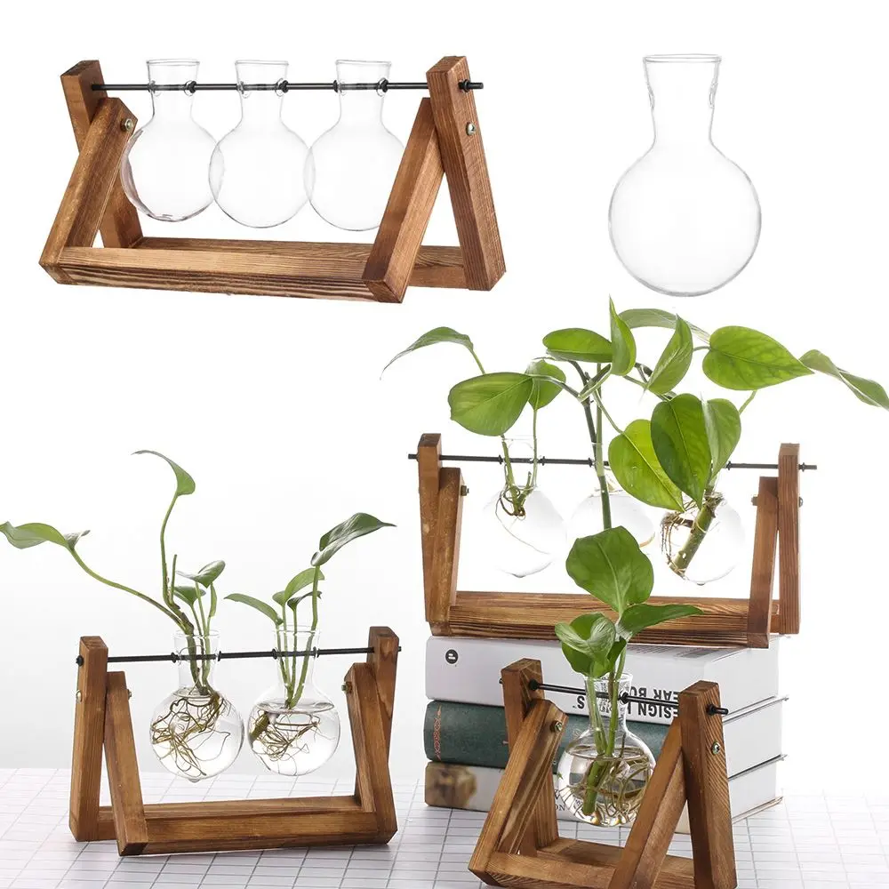 

Decoration Planter Bonsai Terrarium Tabletop Glass Vase Hydroponic Plant Vases Wooden Frame Flower Pot