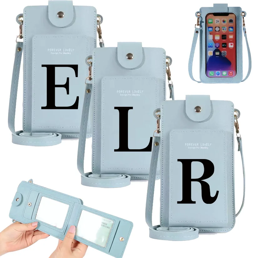 

Women Mobile Phone Bag Fashion Touch Screen Crossbody Pouch Leather Mini Handbag Phone Wallet Black Letter Print Shoulder Bags