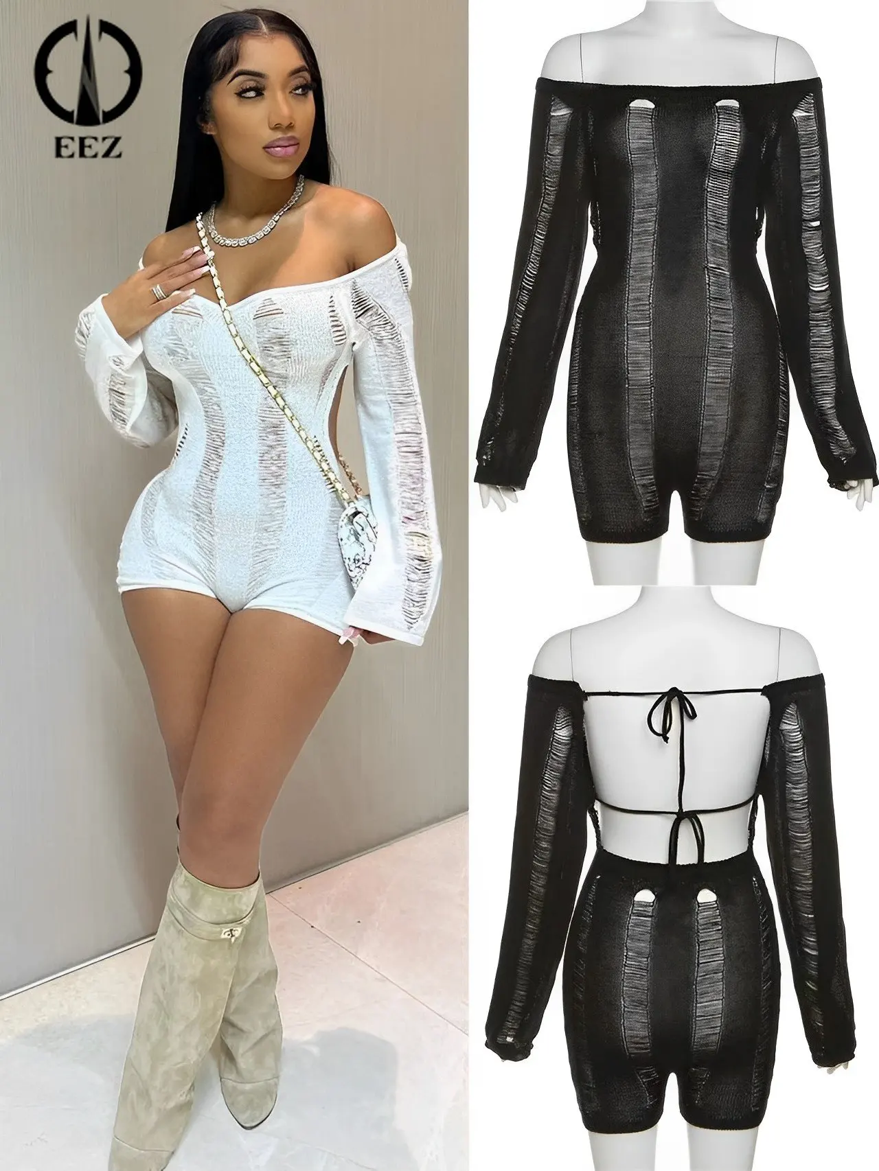 

EEZ Rip Romper for Women See Through Summer Knit Hipster Backless Sexy Fitness Playsuit Skinny Full Sleeve Bodysuit Coquette Y2k