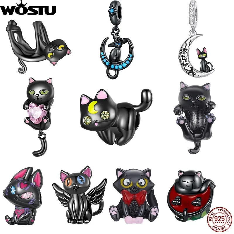 

WOSTU 925 Sterling Silver Charms Plated Black Gold Witch Cat Pendant Animal Bead Fit Original Bracelet DIY Making Jewelry Gift