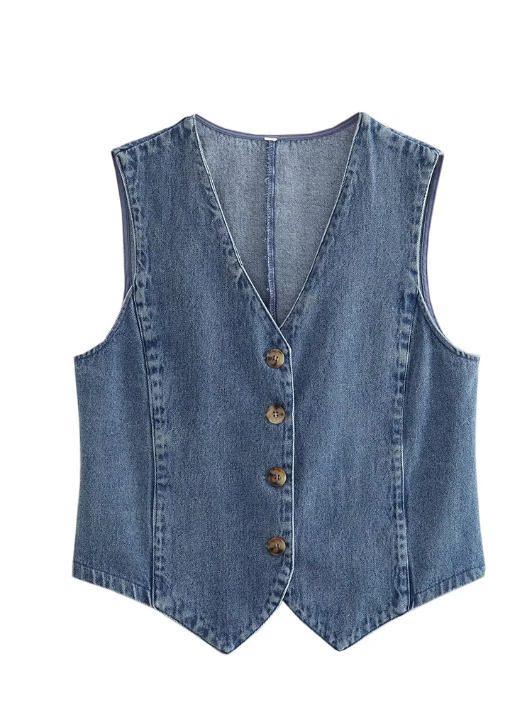 

New Fashion Women Single Breasted Sleeveless V Neck Blue Denim Vest Top
