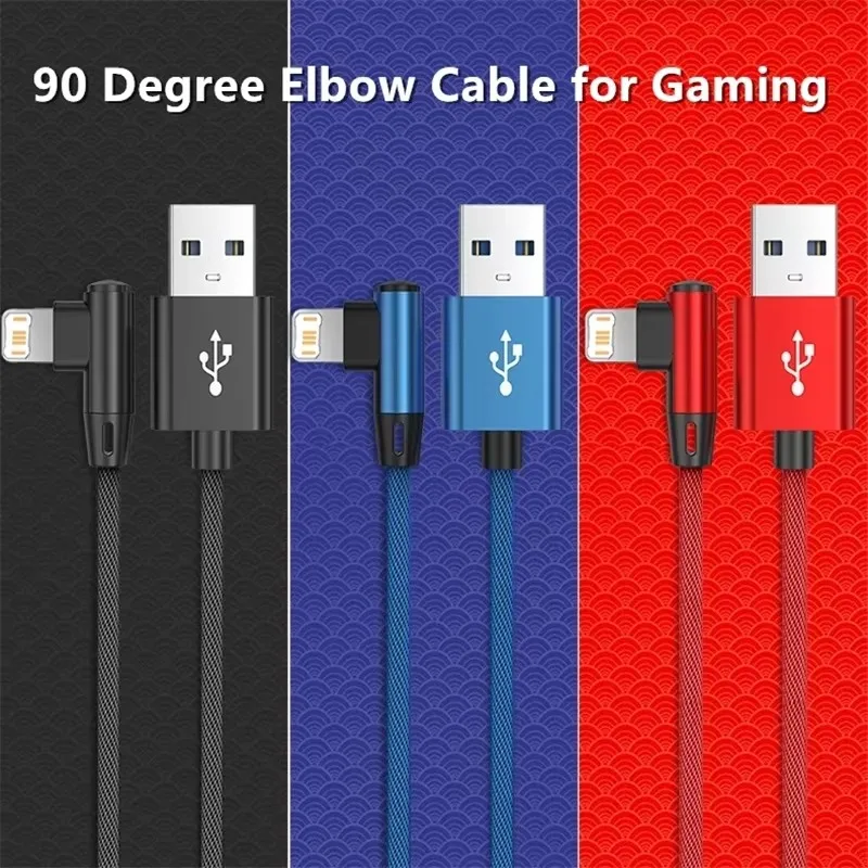 Фото USB-кабель для быстрой зарядки с углом 90 градусов для iPhone 11/12/13/14/XS/X/XR/6/6S/7/8, игровой зарядный кабель, 1 м/2 м/3 м, прочный качество A + №3