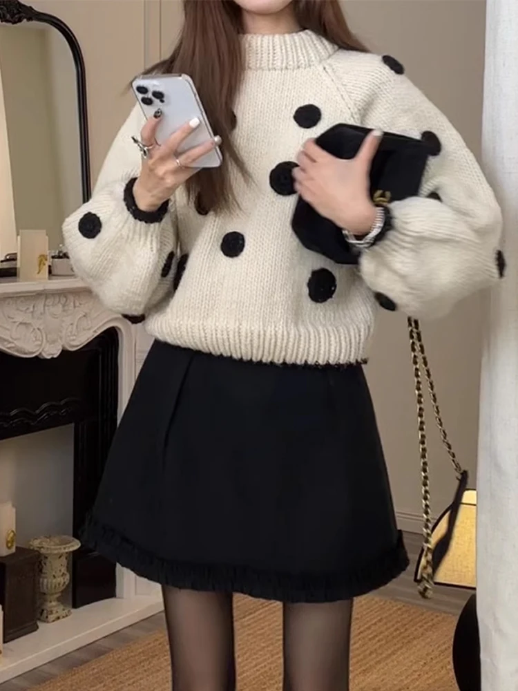 Gentle Wind Soft Glutinous Polka Dot Lantern Sleeve Sweater Women Autumn and Winter Unique Age-Reducing Thickened Knit Loose ...