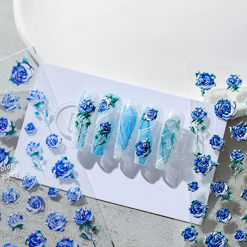 

Flower Collection Embossed Nail Art Sticker 5D Blue Rose Decorative Design Slim Charm Slider Nail Sticker Nail Stickers Supplies