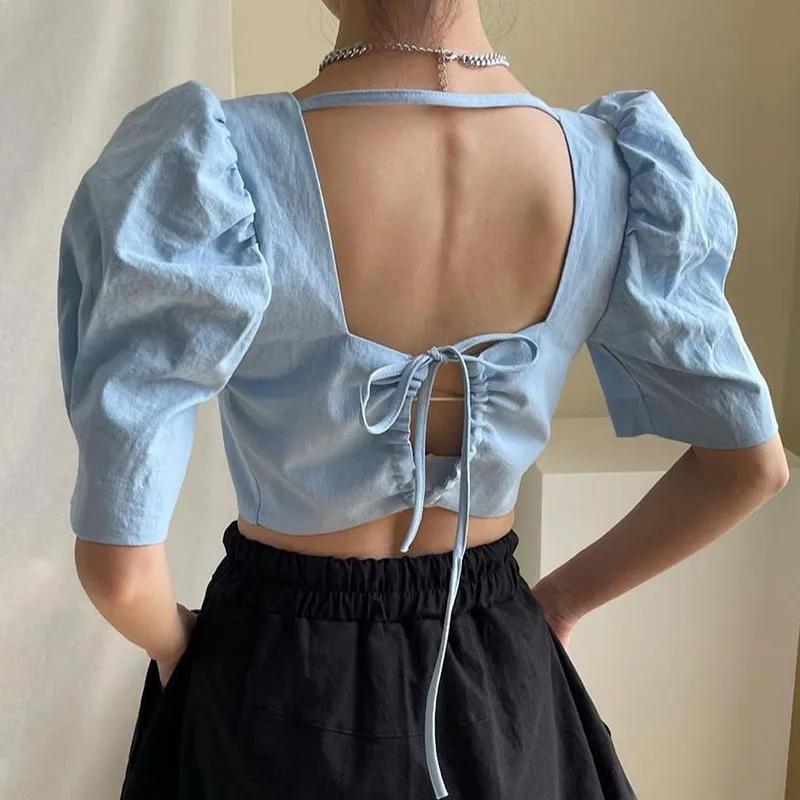 

Korean Chic Shirt 2022 Summer Square Collar Bone Chic Single-breasted Backless Hollow Design Puff Sleeve Short Shirt