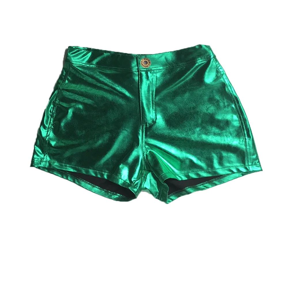 Shiny Metallic PU Leather Shorts Women Summer Fashion Sexy Button Fly Slim Booty Shorts Hot Pants Y2K Night Clubwear Trousers