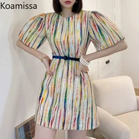 koamissa colorful striped women mini short dress puff short sleeves summer dresses lady fashion vestidos with belt dropshipping