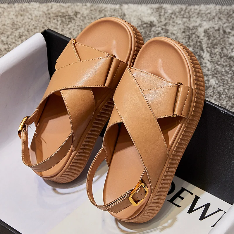 LSXJK Sandals Woman Summer 2022 New Solid Color Sports Platform Sandals High Quality Women Shoes Fashion Genuine Leather Casual