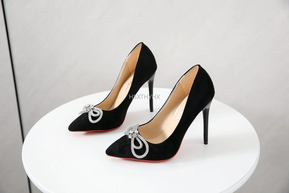 

2022 Spring and Summer New Pointed Toe Suede Stiletto Rhinestone Bow High Heels Red Rubber Bottom Women Single-Layer Shoes