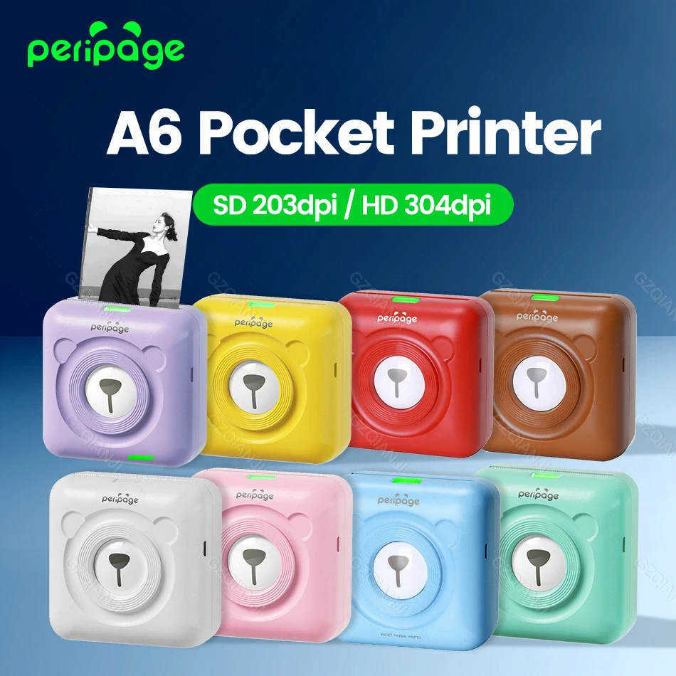 

A6 304dpi Peripage Protable Photo Printer 58mm Thermal Pocket Sticker Maker Bluetooth Wireless Portable Label Printer Papers