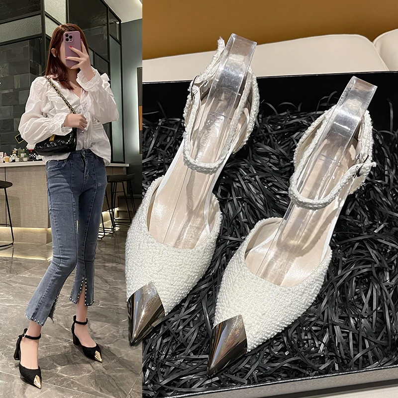 

Square heel 2022 new style black patent leather iron toe sexy sandals women