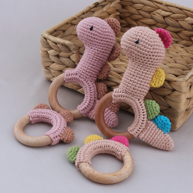 

2pcs Baby Rattles Crochet Dinosaur Rattle Toy Wood Ring Baby Teether Baby Gym Mobile Rattles Newborn Educational Toys