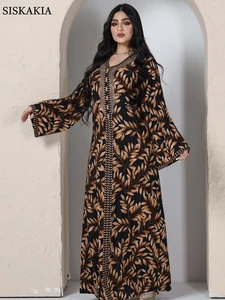 Modern Abaya Moroccan Dress Diamonds V-Neck Long Sleeve Vintage Print 2022 Muslim Fashion Dress Dubai Abaya Women