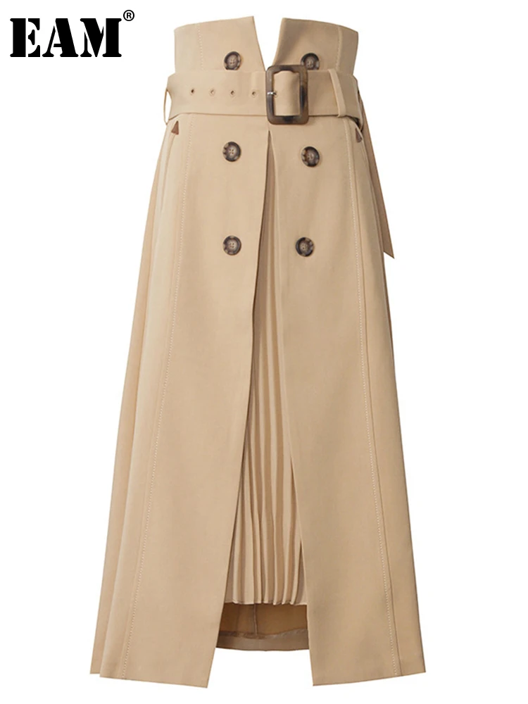 

[EAM] High Waist Brown Bandage Asymmetrical Pleated Temperament Half-body Skirt Women Fashion Tide New Spring Autumn 2022 1S464