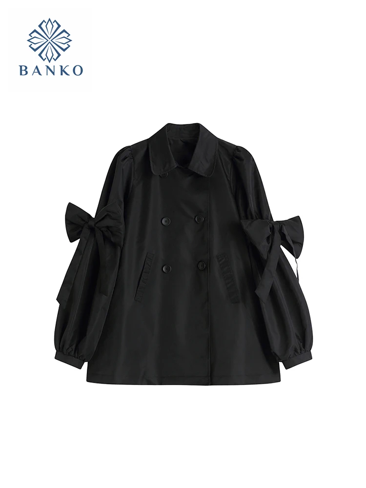 

Женский двубортный тренчкот в стиле ретро, черная ветровка с воротником с отложным воротником и бантом в готическом стиле, верхняя одежда для улицы на осень и зиму