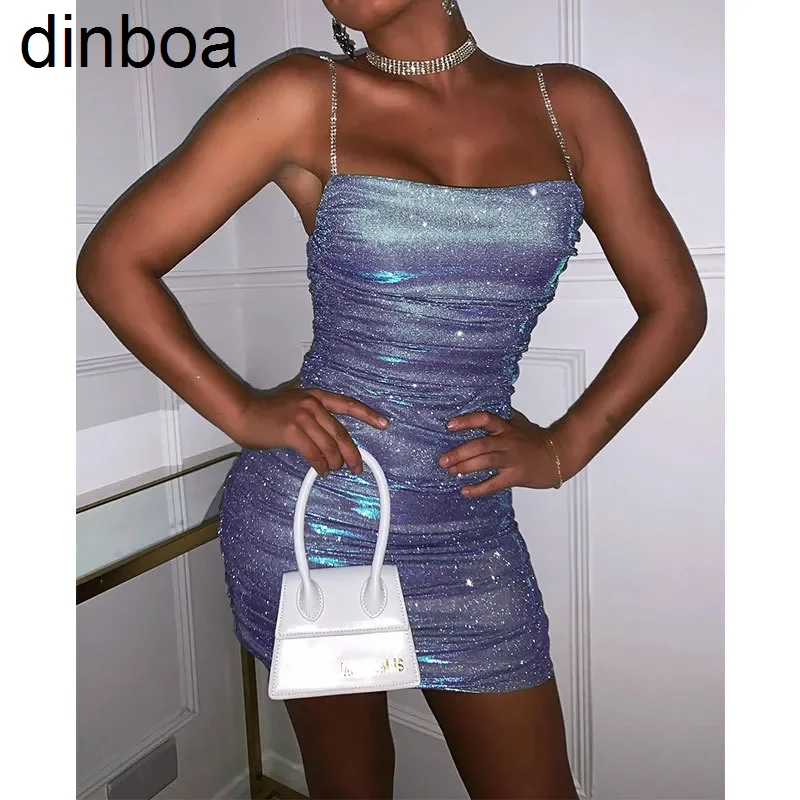 

Летнее платье Dinboa на бретелях-спагетти, блестящее платье с рюшами, женское сексуальное облегающее мини-платье без рукавов, женское Клубное платье