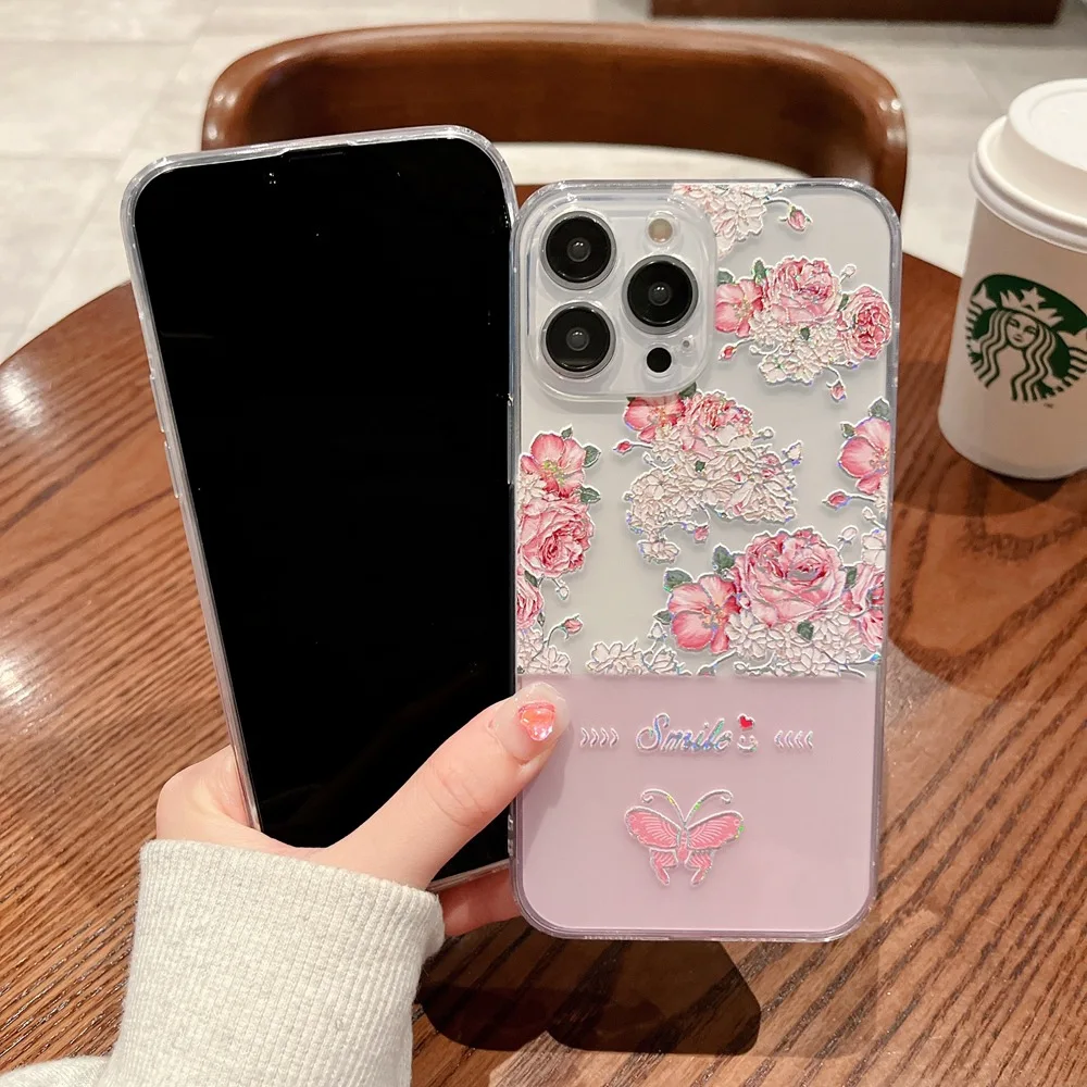 

Rose Flower Pattern 14 plus For iPhone 14 12 11 13 Pro Max For XR X XS i7 i8 SE 8P 7P Transparent Soft Silicone Cover