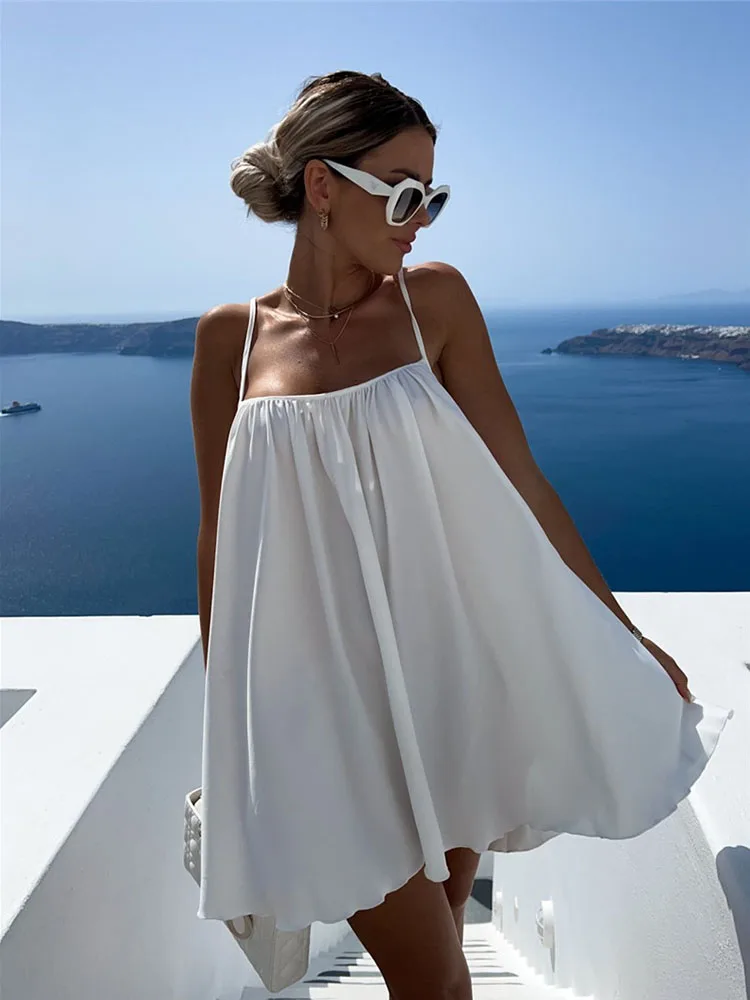 

Sexy Spaghetti Sleeveless Loose Casual Beach Mini Dress Women 2023 Summer O-neck Backless Long Tops Vacation Black White Dress
