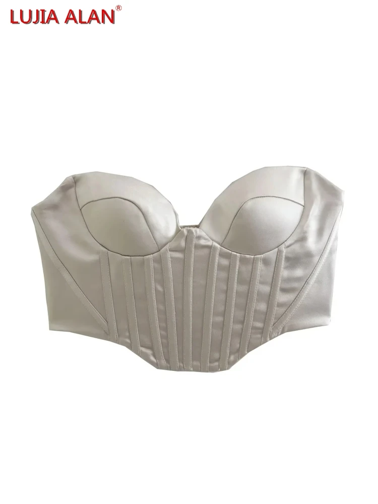 

Women Sexy Corset Satin Short Blouses Hot Sale Female Slim Shirt Crop Tops Smock LUJIA ALAN B801