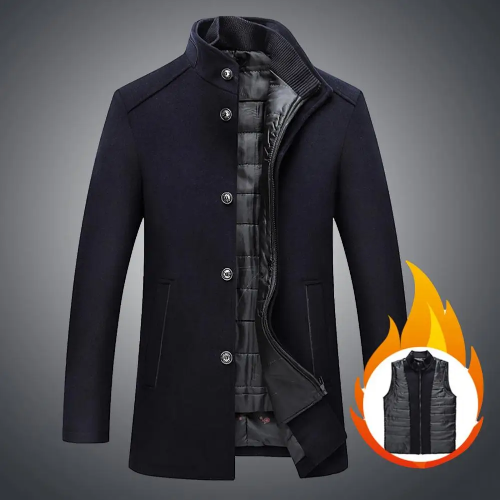 

2Pcs/Set Stylish Men Winter Thickened Pure Color Woolen Coat with Vest Temperament Woolen Coat Single-breasted for Work