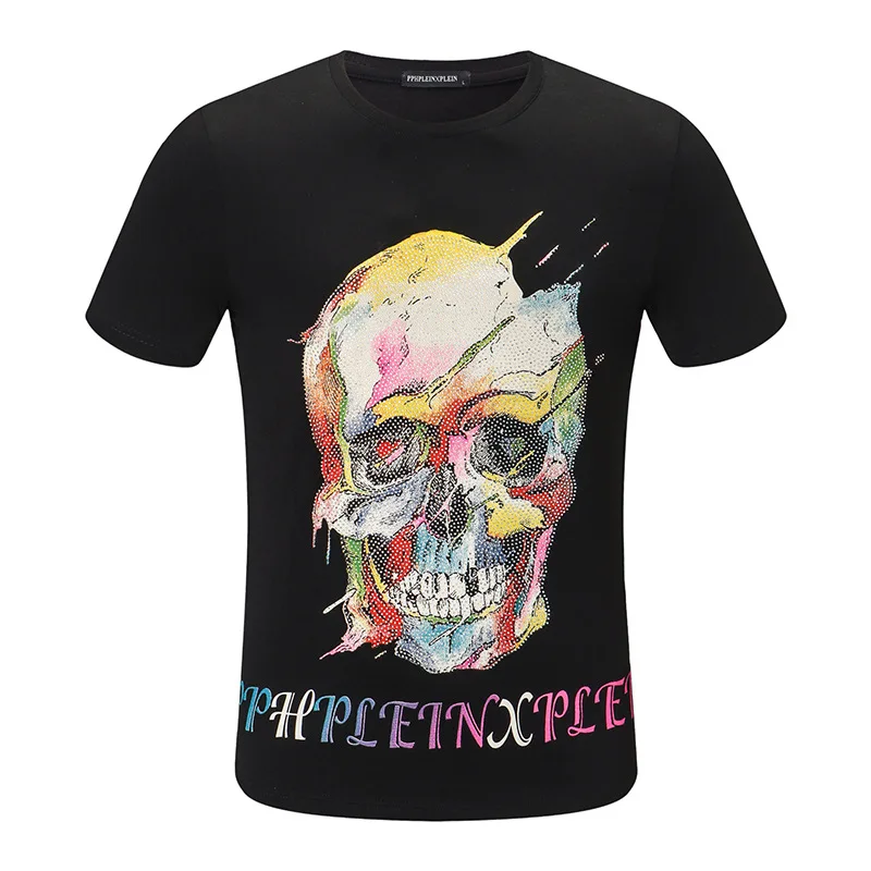 

Trendy Brand High Quality Summer Men's T-Shirt Casual Short Sleeve Top High Quality Cotton Trend Skull Beaded Print Clothing